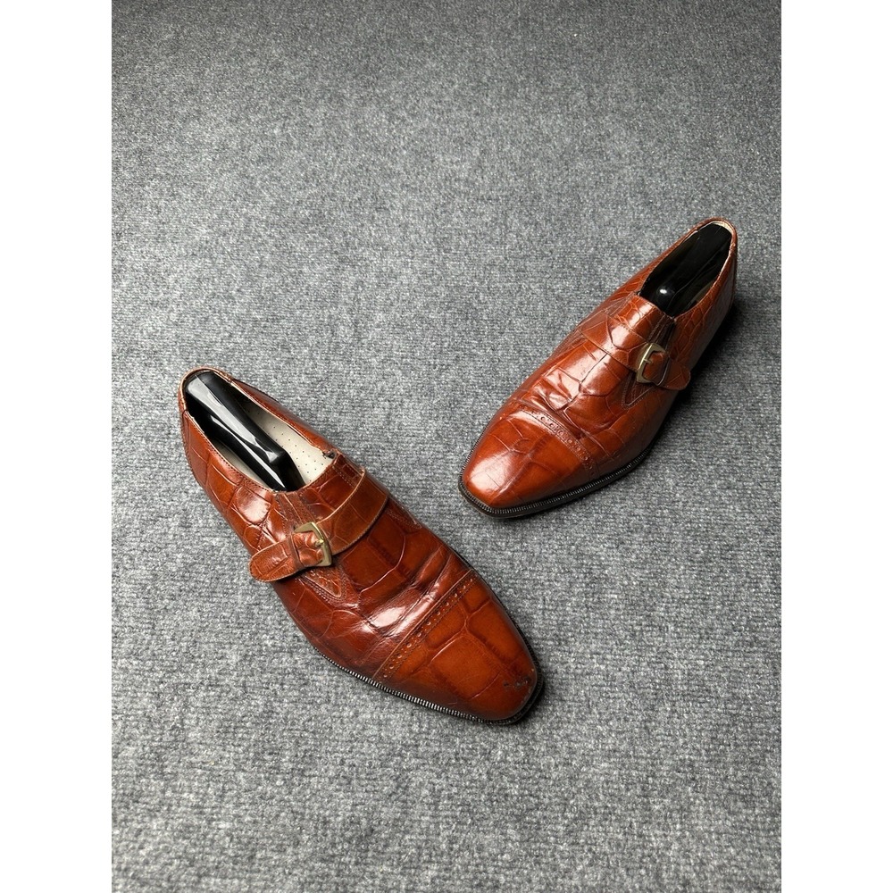 Mens Dress Stacy Adams Brown Croc Monk Strap Leather Shoes, Size US 11.5